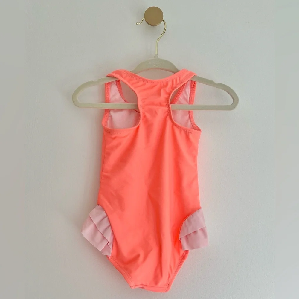 Carter's Coral Peachy Orange Flamingo Swimsuit with Ruffles Baby 12-18 Months - Picture 2 of 4